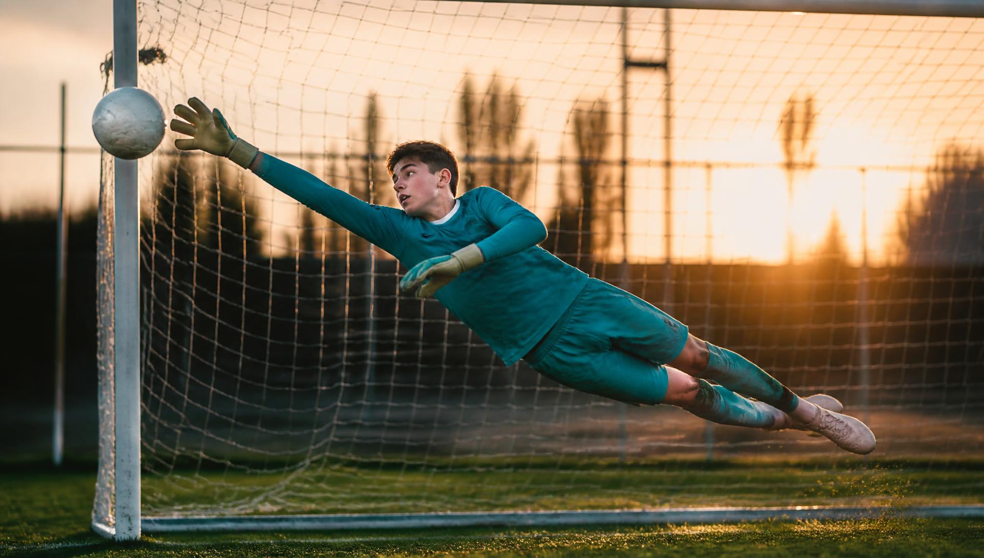 Goalkeeper diving full stretch to make a reaction save