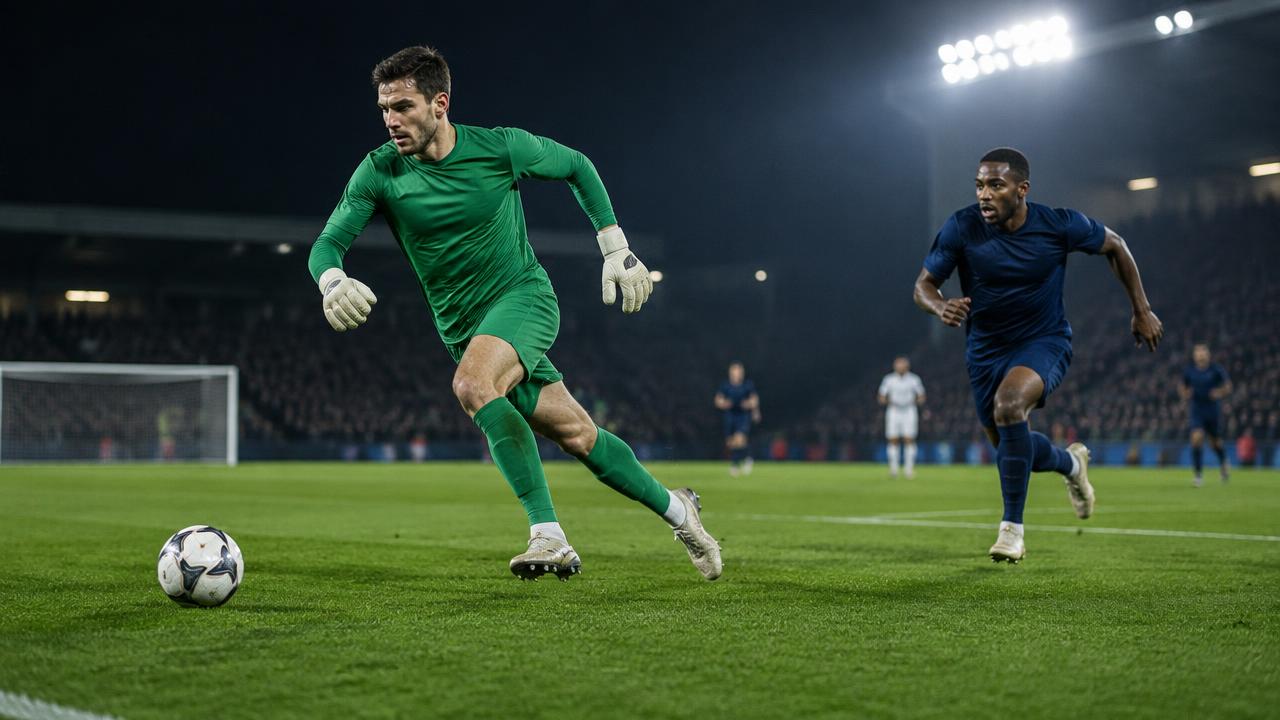 Goalkeeper sprinting off the line to clear a through-ball