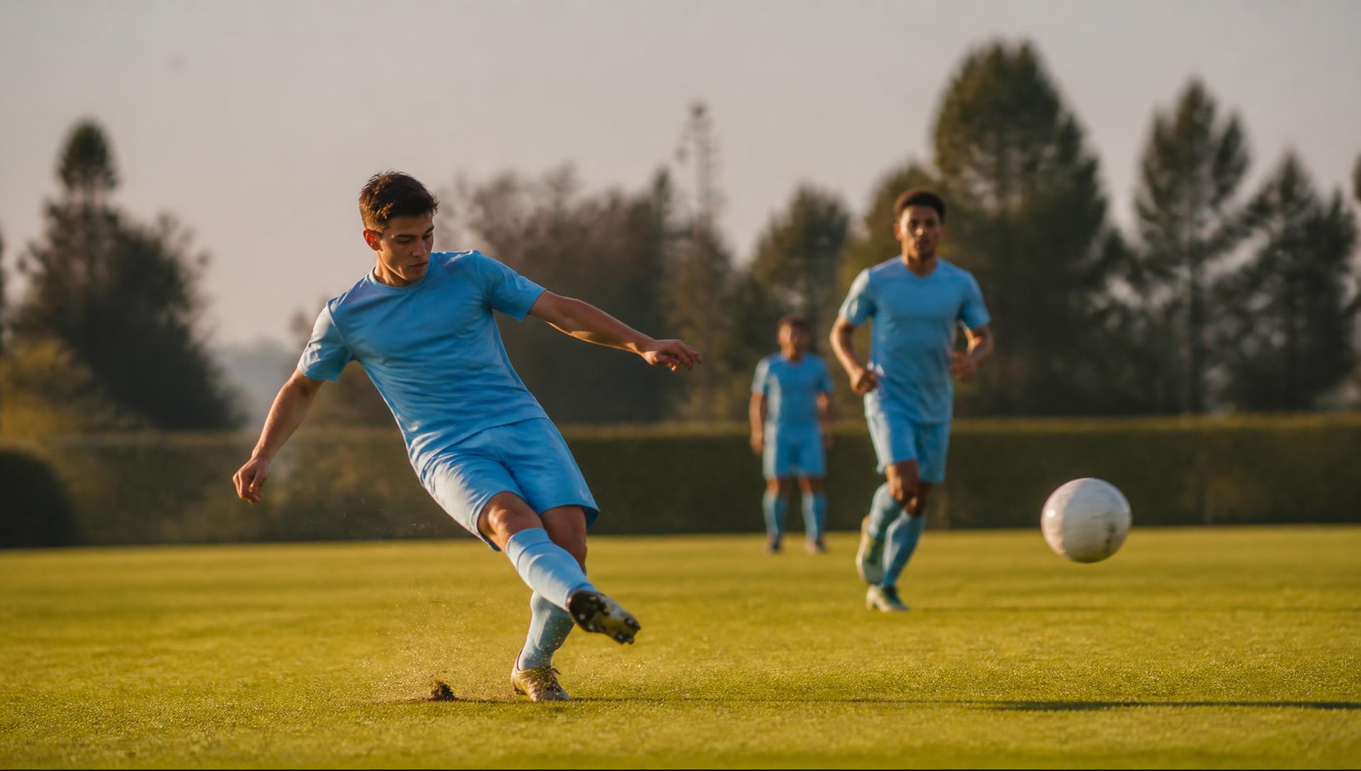 Midfielder striking a long diagonal switch pass across the pitch