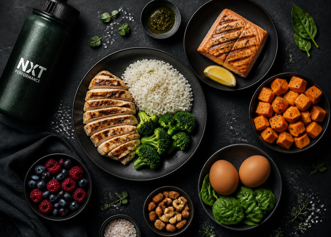 Athlete nutrition spread of lean protein, carbohydrates and vegetables
