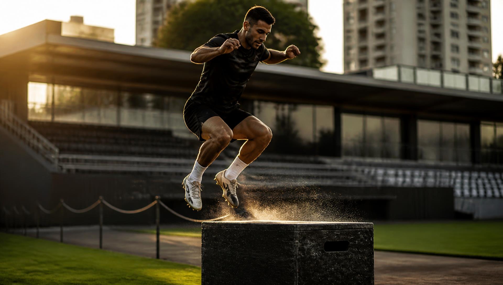 Athlete exploding upward in a plyometric jump during a power session