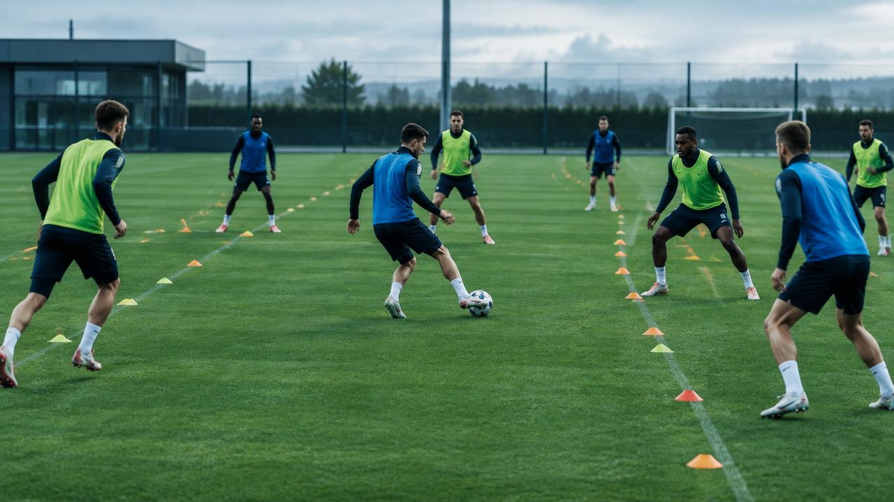 Players spread across marked lanes in a positional play grid