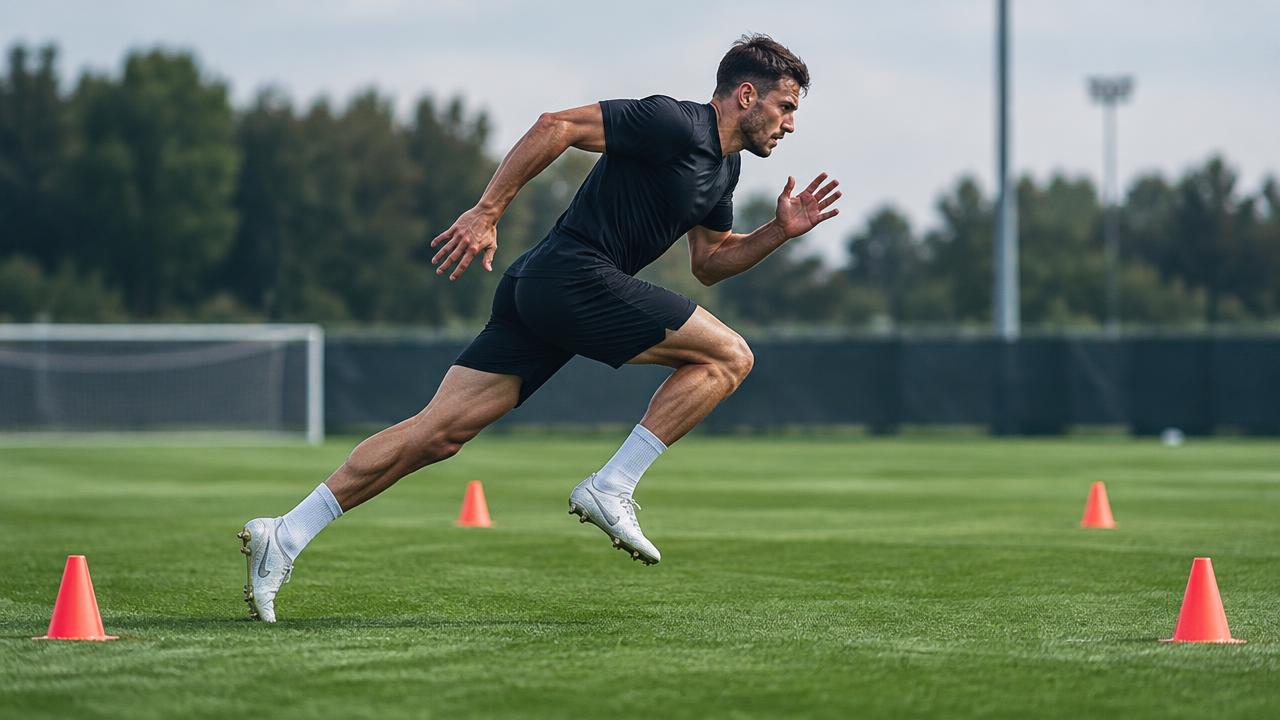 Footballer sprinting at full speed between cones