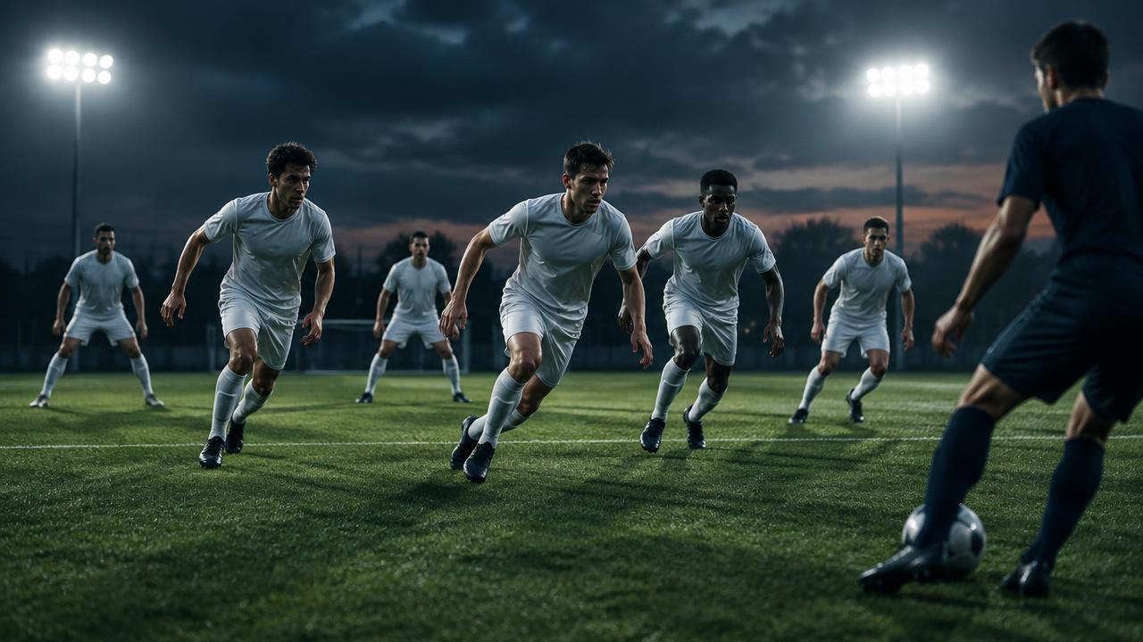 Players pressing high while two teammates hold a rest-defence line