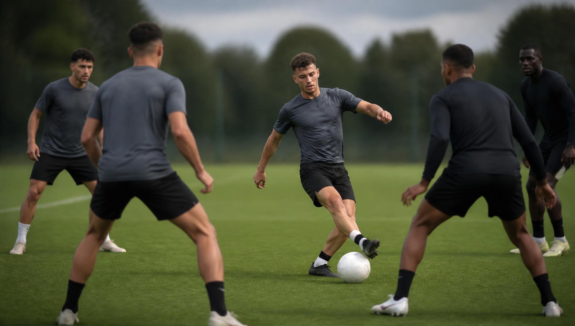 Players circulating the ball quickly in a 4v2 rondo under pressure